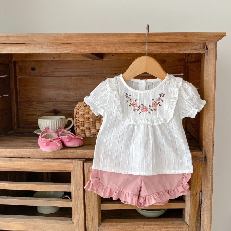 【BABY】夏新作 刺繍入りパフスリーブトップス&フリルショートパンツセットアップSK071919
