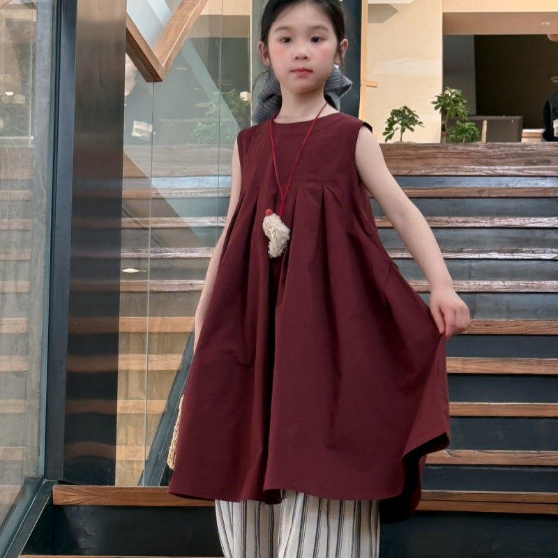 【BABY&KID】夏新作 無地リボンノースリーブワンピース、ボーダーパンツSK080518
