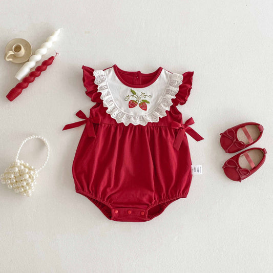 【BABY】夏新作 いちご刺繍ロンパースSK081507