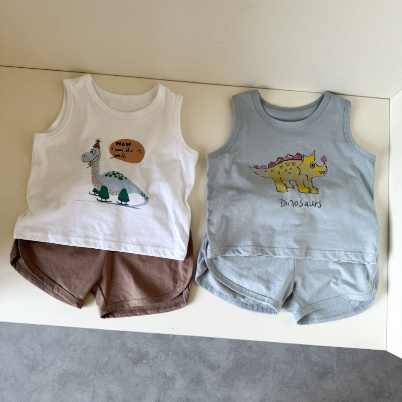 【BABY&KID】夏新作 英字と恐竜柄のノースリーブスーツSK063007