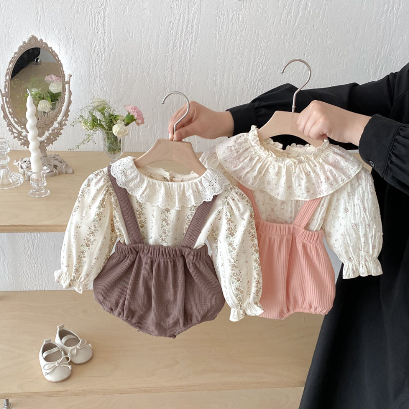 【BABY】フリルカラー花柄トップス&サロペットロンパースSK102417