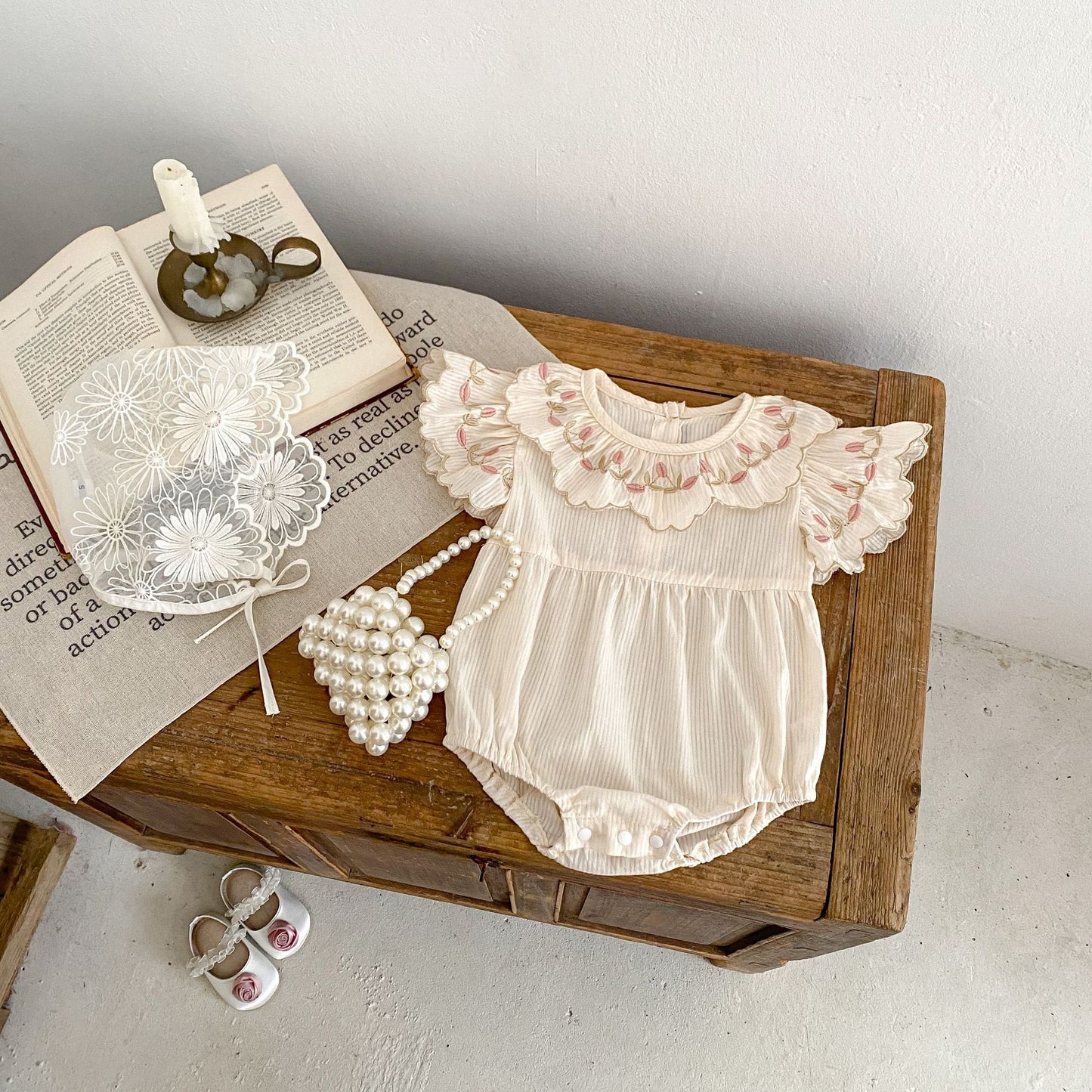 【BABY】夏新作 オールコットン刺繍花襟ロンパースSK062310