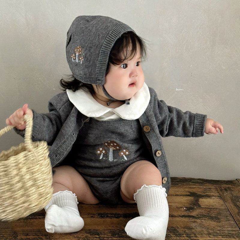 【BABY】きのこ刺繍サロペットロンパース、カーディガンSK101814