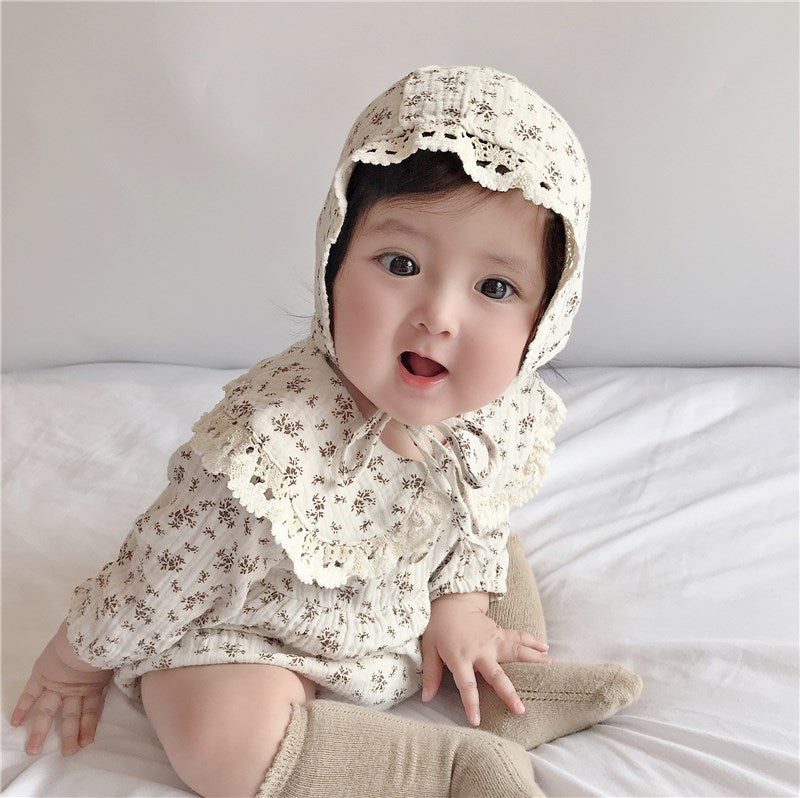 【BABY】 レース付け折り襟小花柄帽子付き長袖ロンパースSK062001
