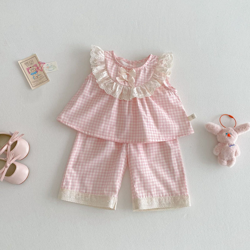 【BABY&KID】夏新作 リボンレースチェックトップス&パンツセットSK070207