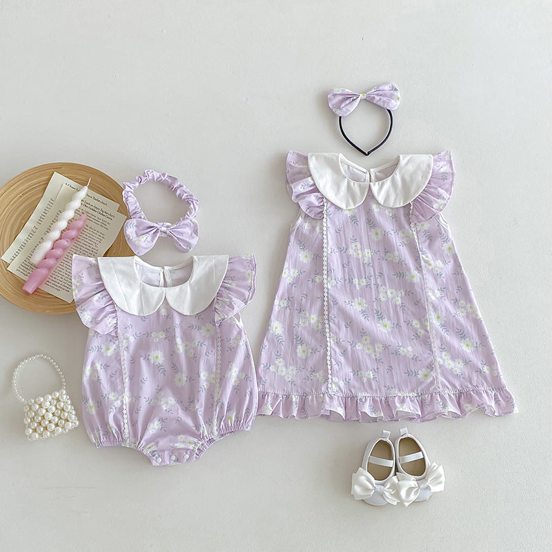【姉妹服】夏新作 パープル小花柄ロンパース、ワンピースSK081626