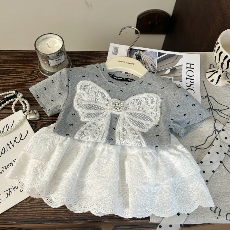 【BABY&KID】夏新作 蝶結び半袖Tシャツ、白レーススカートパンツSK092229