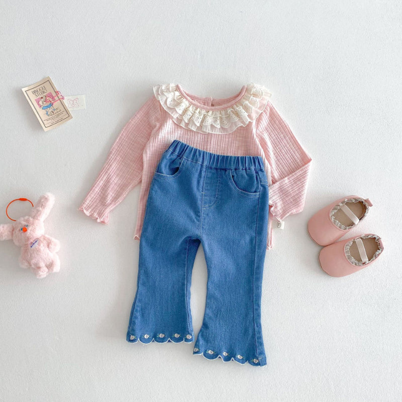 【BABY&KID】夏新作 裾刺繍入りデニムパンツSK070603
