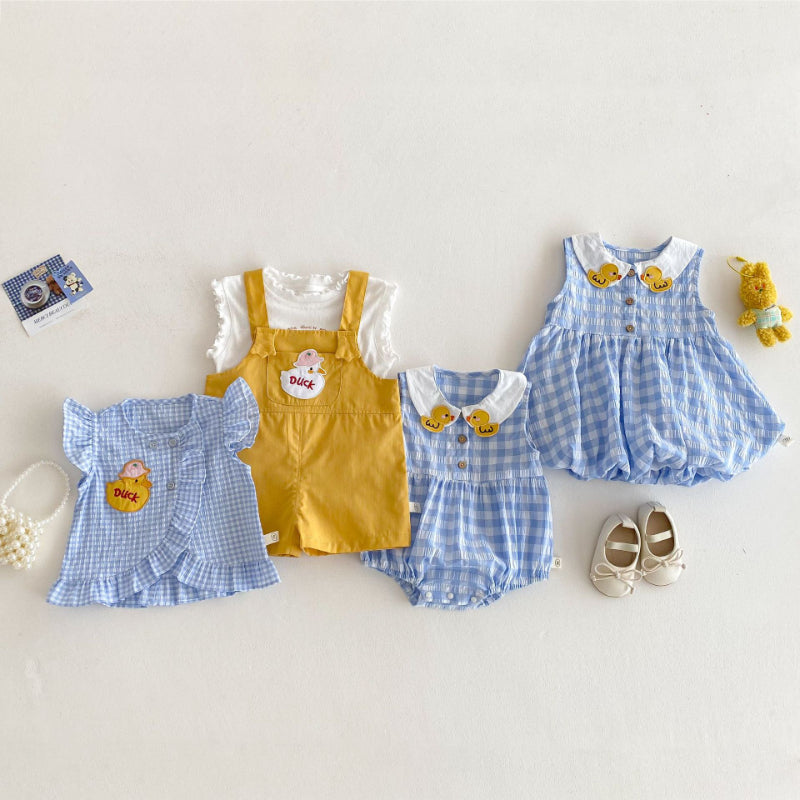 【BABY&KID】夏新作 アヒルブルーチェックロンパース、ワンピース、ベスト、Tシャツ、オーバーオールSK070515