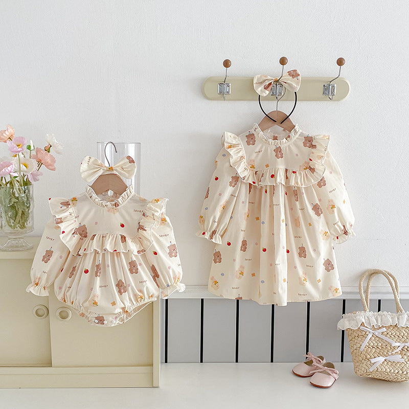 【姉妹服】フリル袖くまロンパース、ワンピースSK101137
