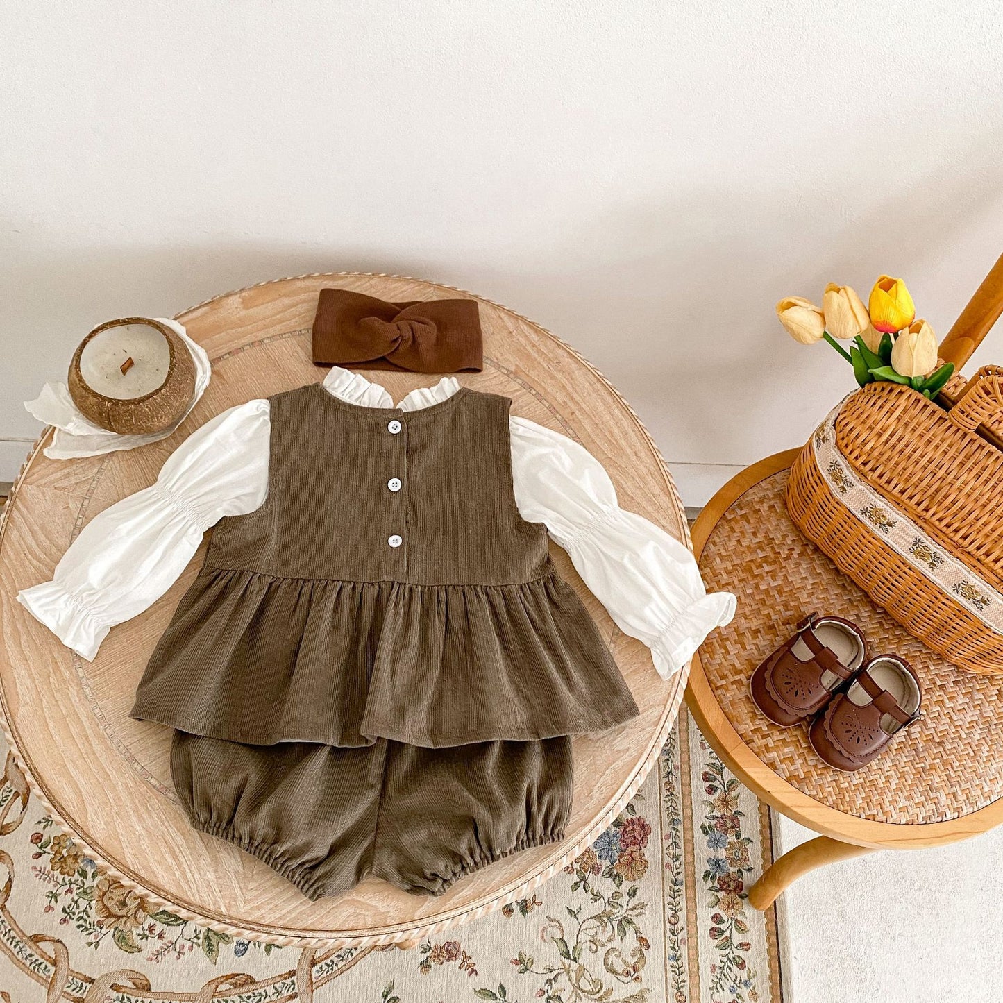 【BABY&KID】コーデュロイアニマル刺繡ベスト&ブルマ、ホワイトトップスSK031301
