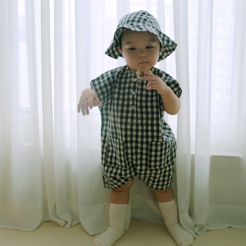 【BABY】夏新作 チェック、無地ロンパース&帽子SK071304