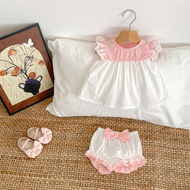 【BABY&KID】夏新作 バイカラーフリル袖トップス&ショートパンツSK081525