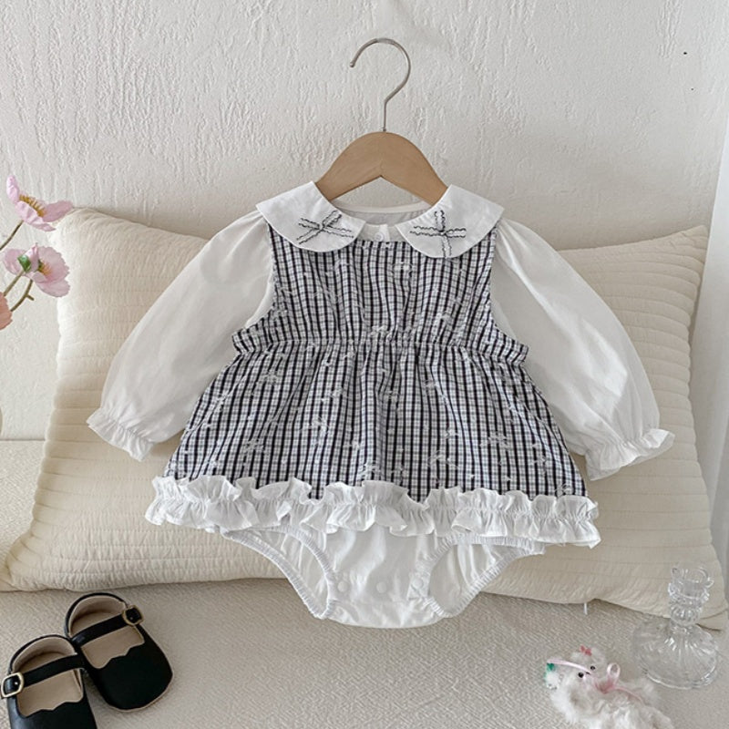 【BABY】チェックベスト&蝶結びロンパース2点セットSK100407