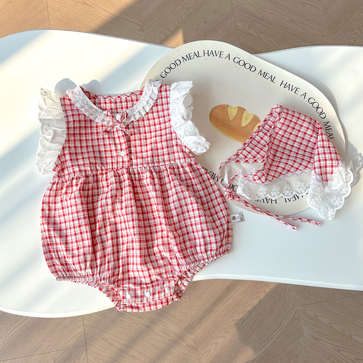 【BABY】夏新作 レースチェックロンパース&ヘッドバンドSK071712
