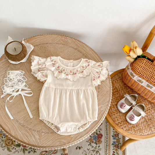 【BABY】夏新作 オールコットン刺繍花襟ロンパースSK062310