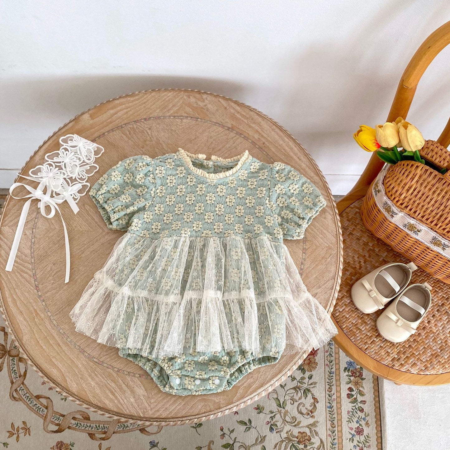 【BABY】夏新作 フラワー刺繡ワンピース風ロンパースSK063104