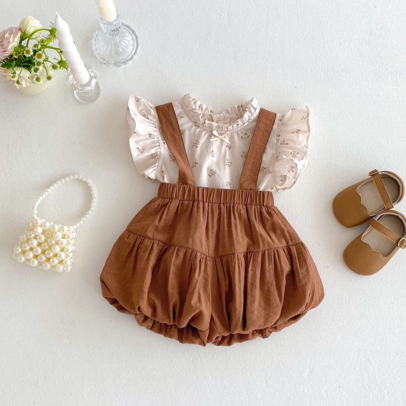 【BABY&KID】夏新作 小花柄ベビーブラウス、可愛いブラウンサロペットSK070611