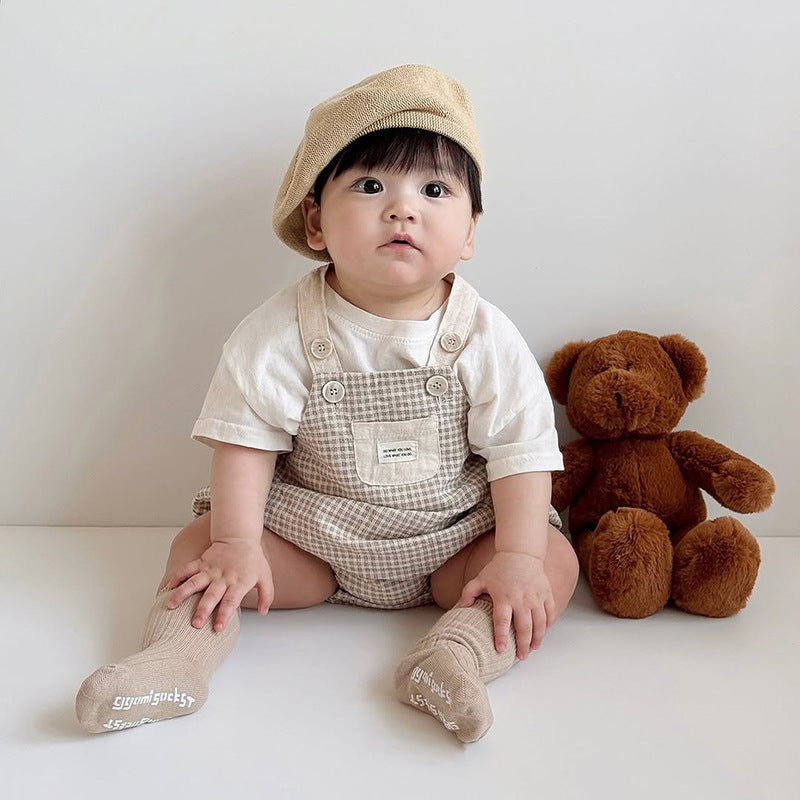 【BABY】夏新作 チェックサロペットロンパース&半袖TシャツSK010201