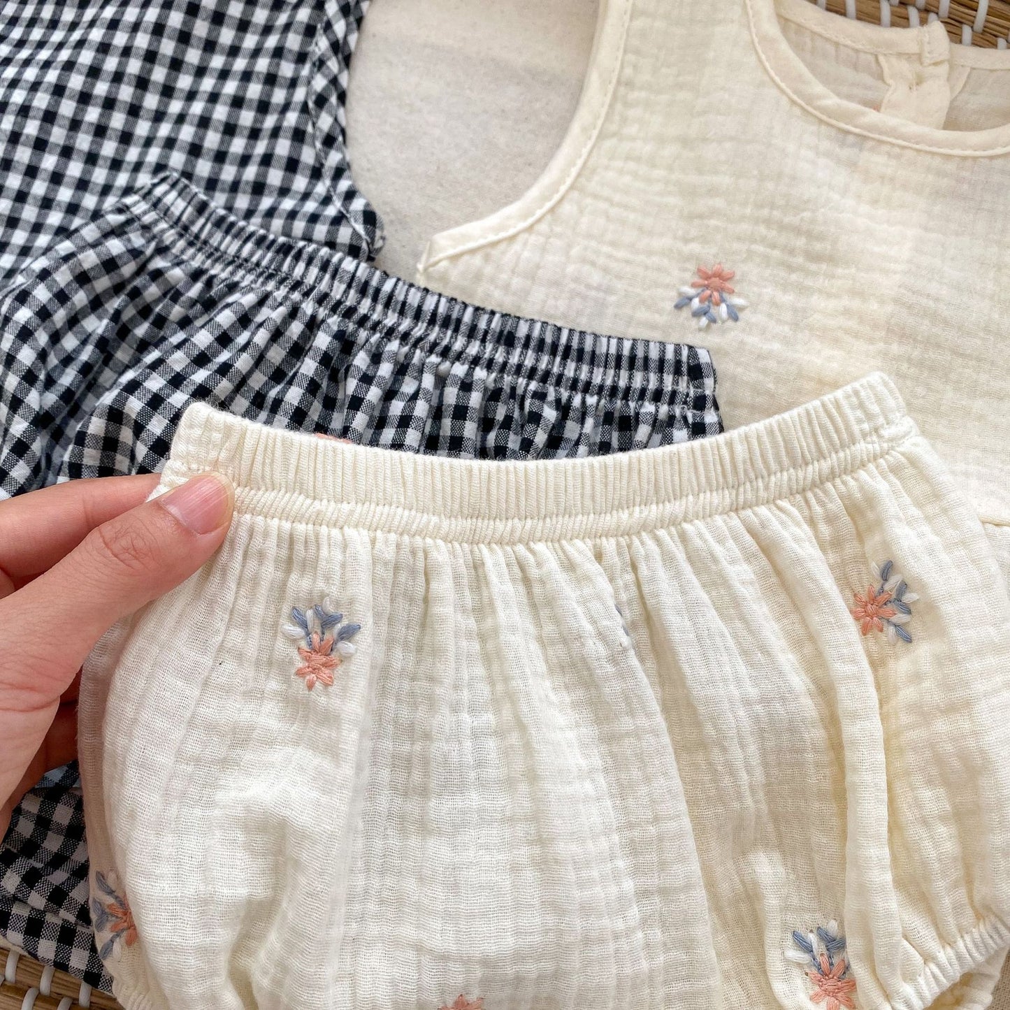 【BABY】夏新作 刺繍チェック無袖トップス&ベビーパンツセットアップSK071605