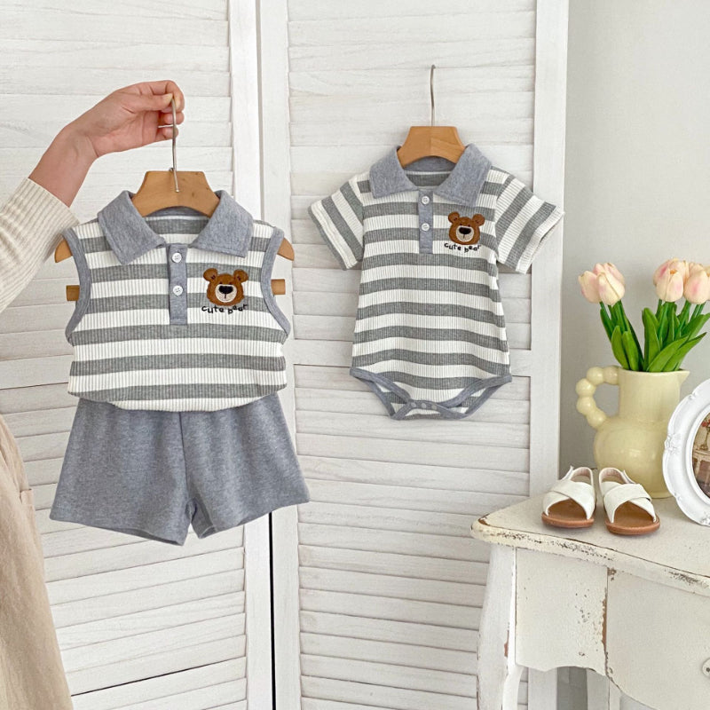 【BABY&KID】夏新作 ストライプくまロンパース、セットアップSK072524