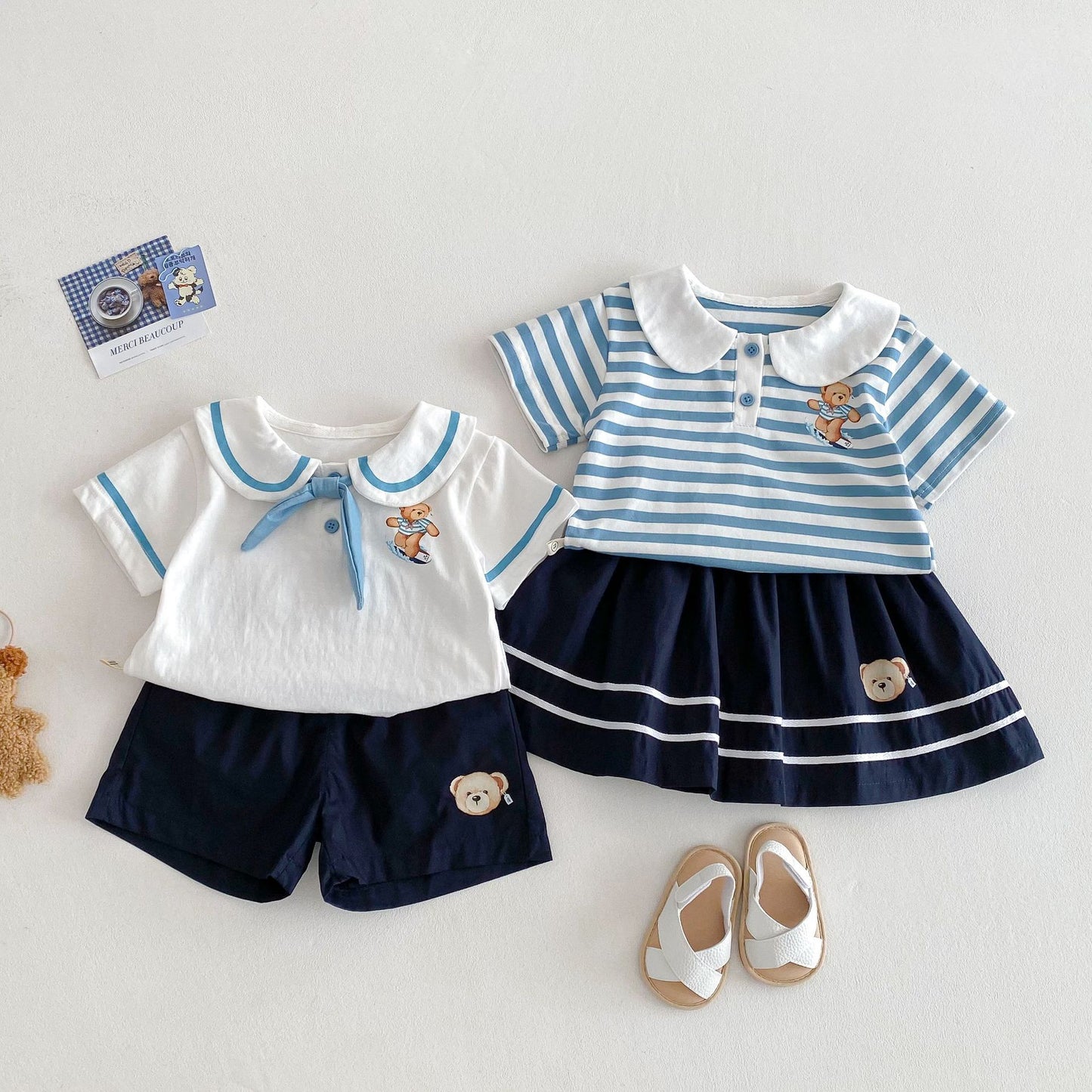【BABY&KID】夏新作 クマ柄セーラー風セットアップSK061808