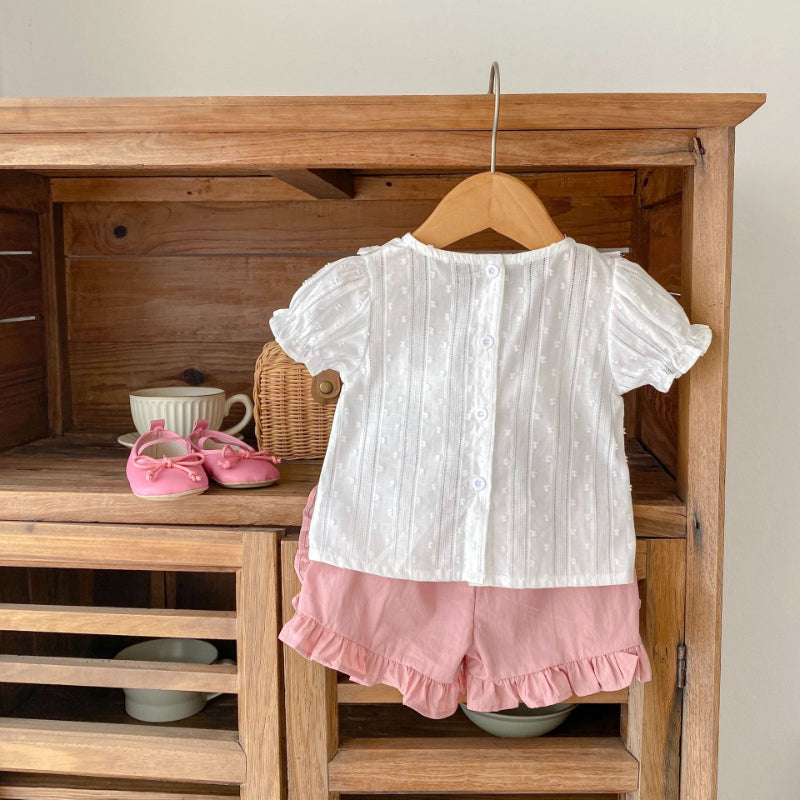 【BABY】夏新作 刺繍入りパフスリーブトップス&フリルショートパンツセットアップSK071919