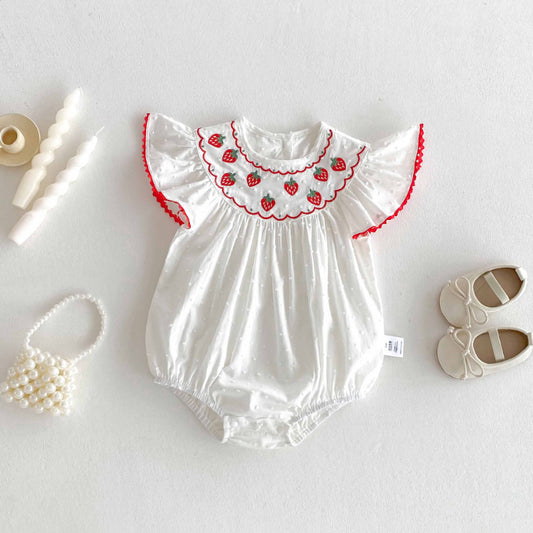 【BABY】夏新作 いちご刺繍ロンパースSK090304