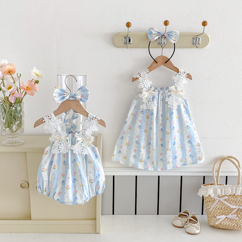 【姉妹服】夏新作 レースキャミ小花柄ロンパース、ワンピースSK081628