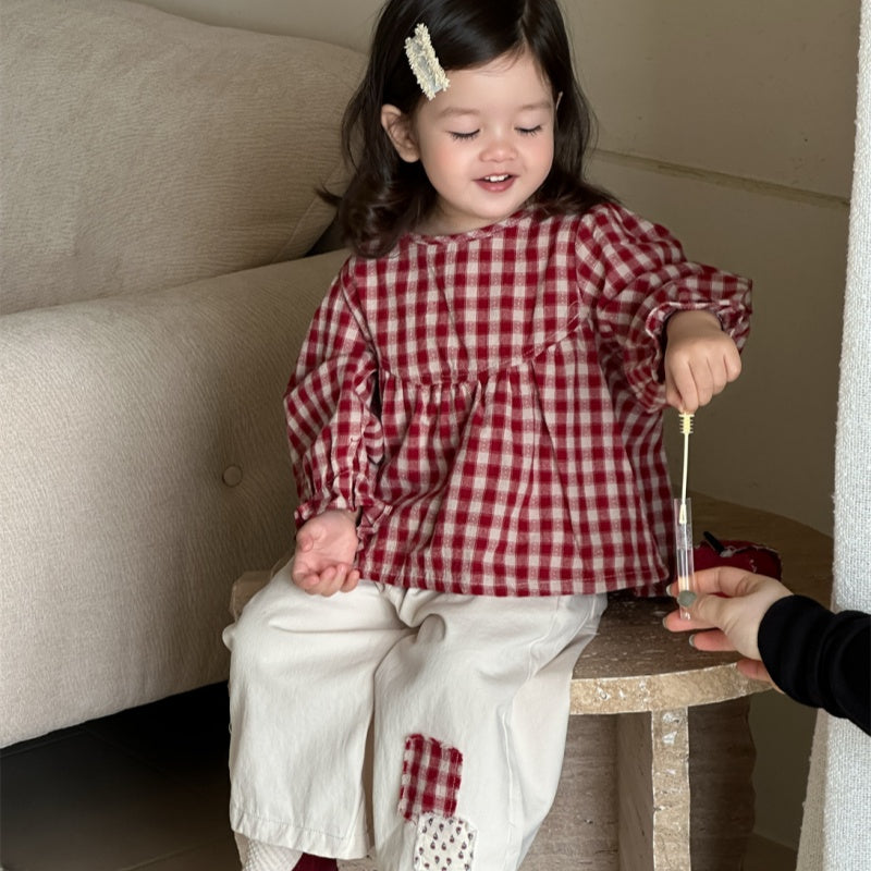 【BABY&KID】レッドチェックブラウス、ベージュパンツSK100839