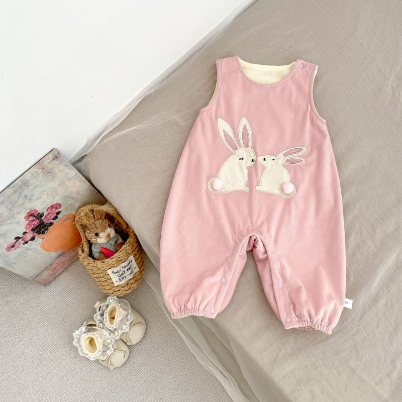 【BABY】うさぎ刺繍裏起毛サロペット、レーストップスSK101423