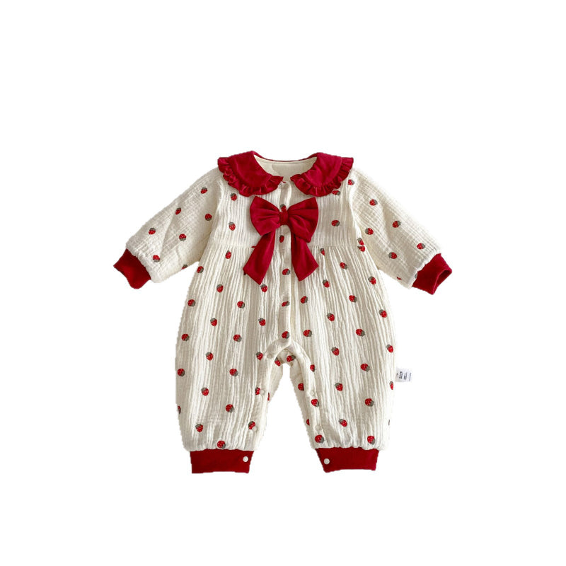 【BABY】冬新作大きなリボン付きいちご裏起毛カバーオールSK102711