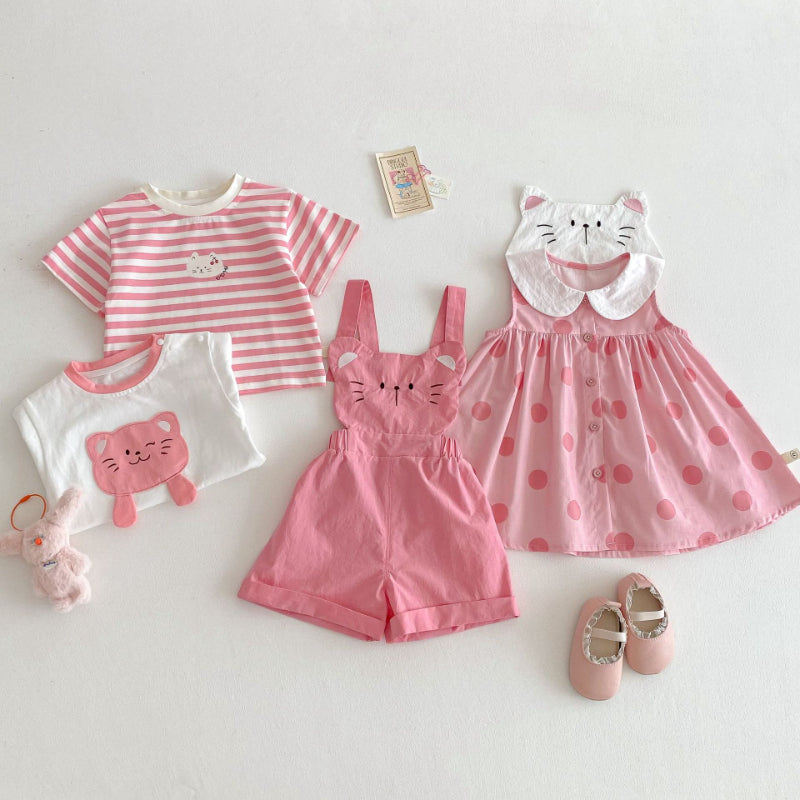 【BABY&KID】夏新作 ネコプリントTシャツ、ワンピ、サロペット、ドットパンツセットSKO71201