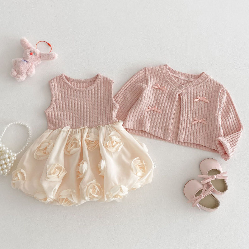 【BABY&KID】夏新作 リボン付きカーディガン、クリームローズワンピースSK070514