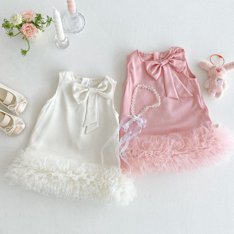 【BABY&KID】夏新作 リボン付きチュールワンカラーお姫様ワンピースSKO71206
