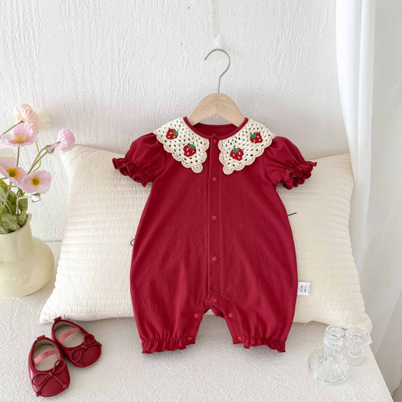 【BABY】夏新作 レッド刺繍ロンパースSK090306