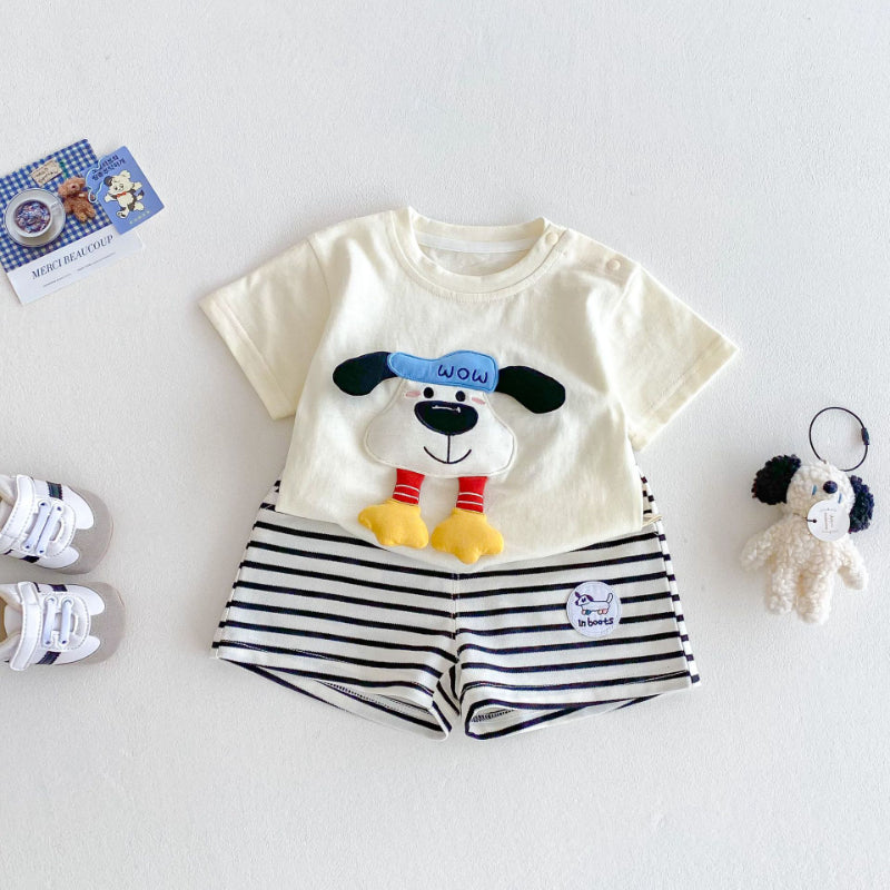 【BABY&KID】夏新作 可愛いドッグロゴTシャツ、ストライプのショートパンツSKO71208