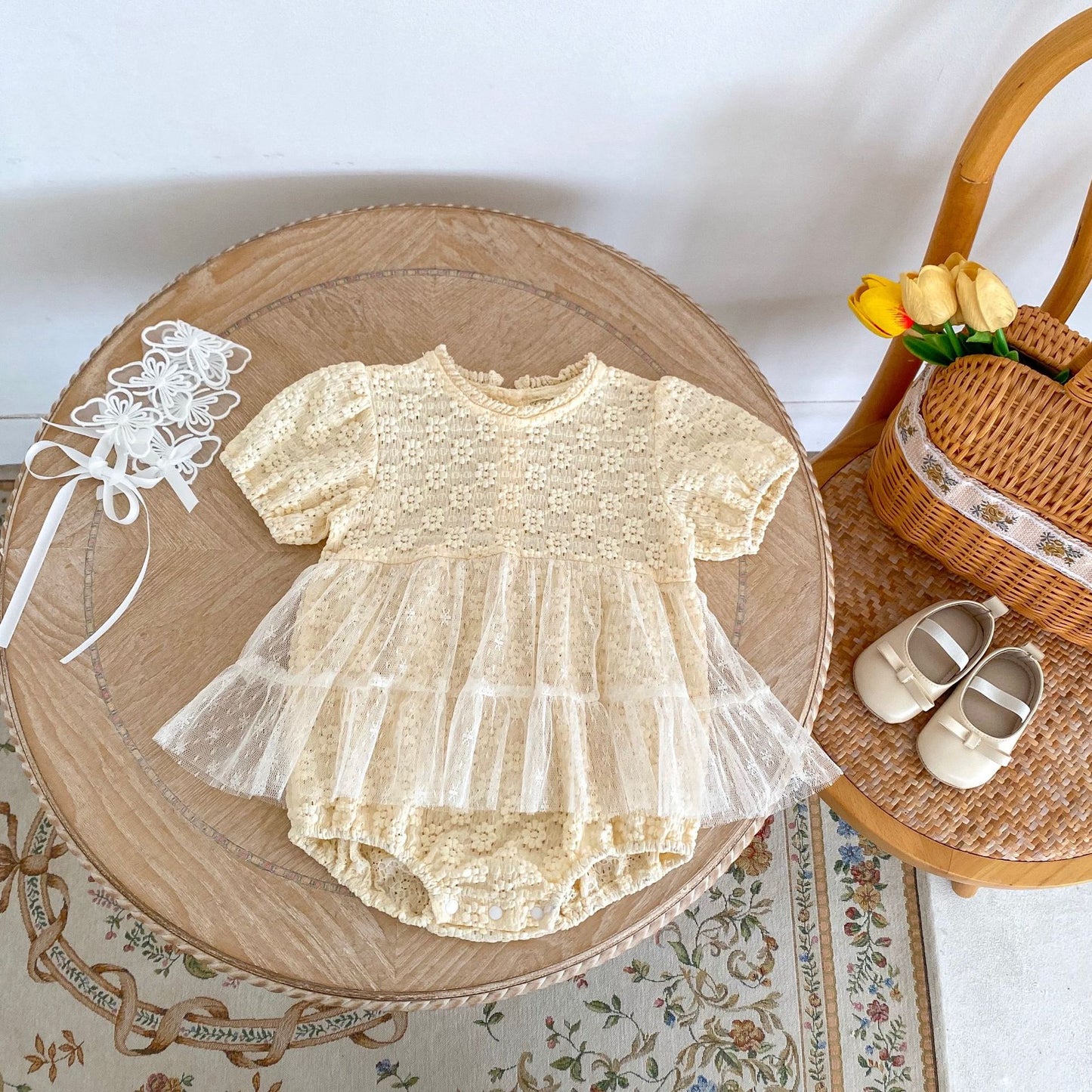 【BABY】夏新作 フラワー刺繡ワンピース風ロンパースSK063104