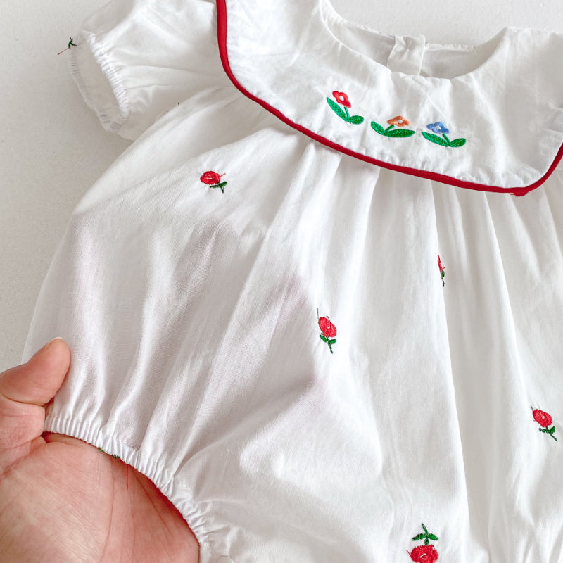 【BABY】夏新作 スクエアネック刺繍ロンパースSK091516