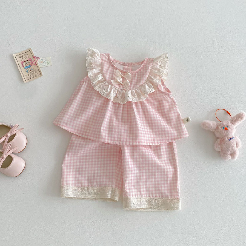 【BABY&KID】夏新作 リボンレースチェックトップス&パンツセットSK070207