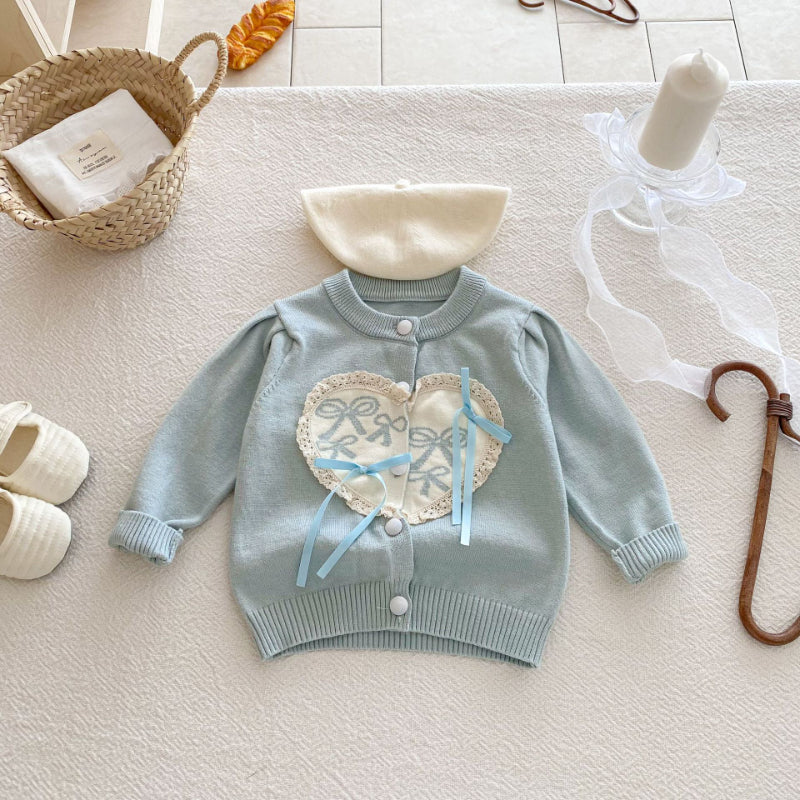 【BABY】レースハート蝶結びニットカーディガンSK092423