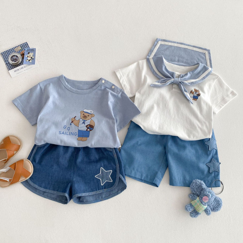 【BABY&KID】夏新作 ネイビー風クマTシャツ、星柄ジーンズSKO71207
