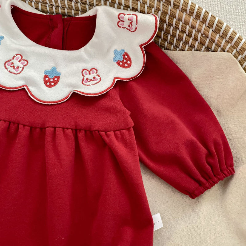 【BABY】イチゴ小兔刺繍襟ロンパースSK092813