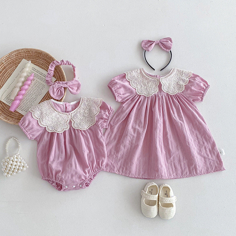 【姉妹服】夏新作 レース刺繍襟ロンパース、ワンピースSK081627
