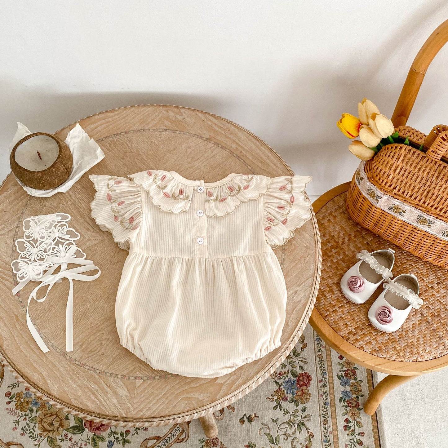 【BABY】夏新作 オールコットン刺繍花襟ロンパースSK062310