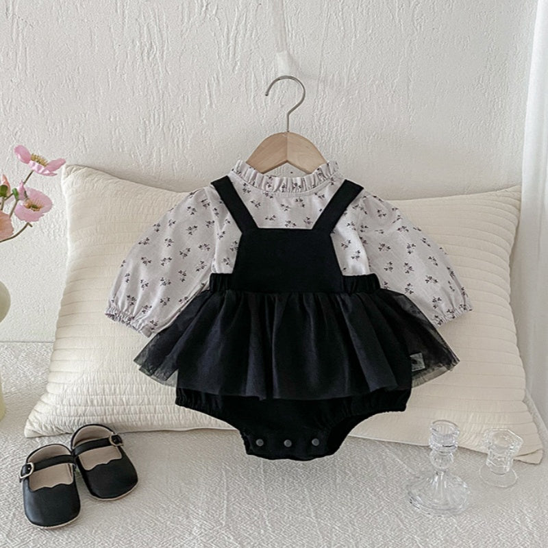 【BABY】小花柄ブラウス&無地サロペットロンパースSK100426