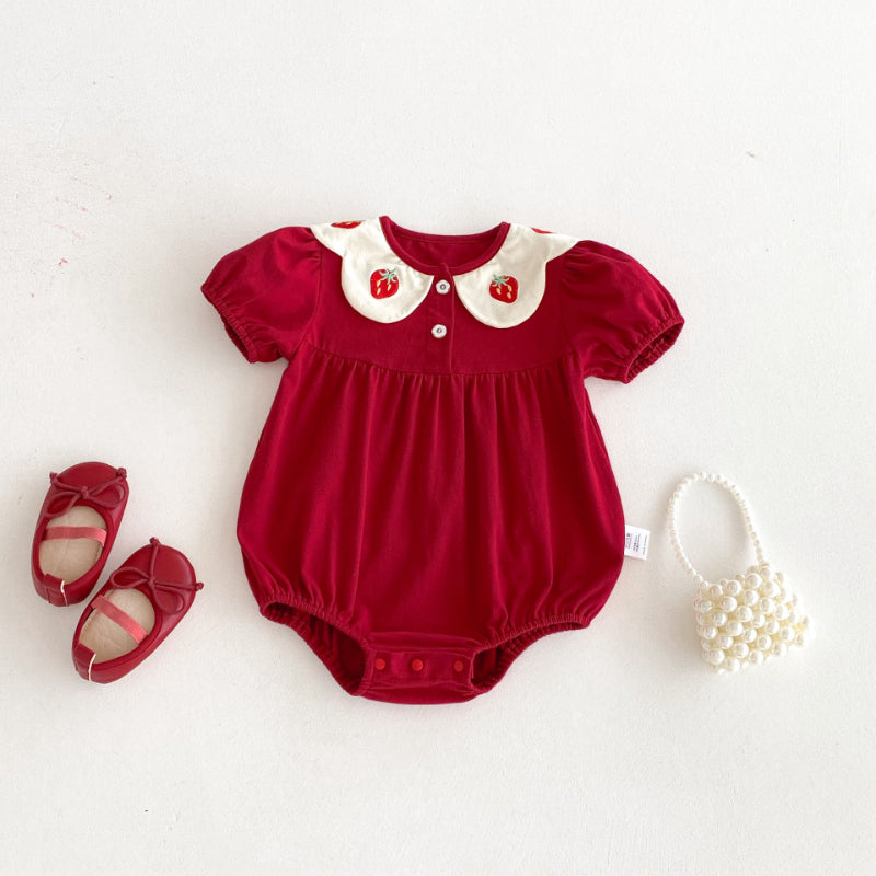 【BABY】夏新作 いちご刺繍パフスリーブロンパースSK092203