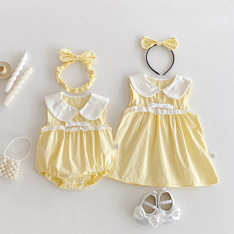 【姉妹服】夏新作 クリームイエローロンパース、ワンピースSK081635