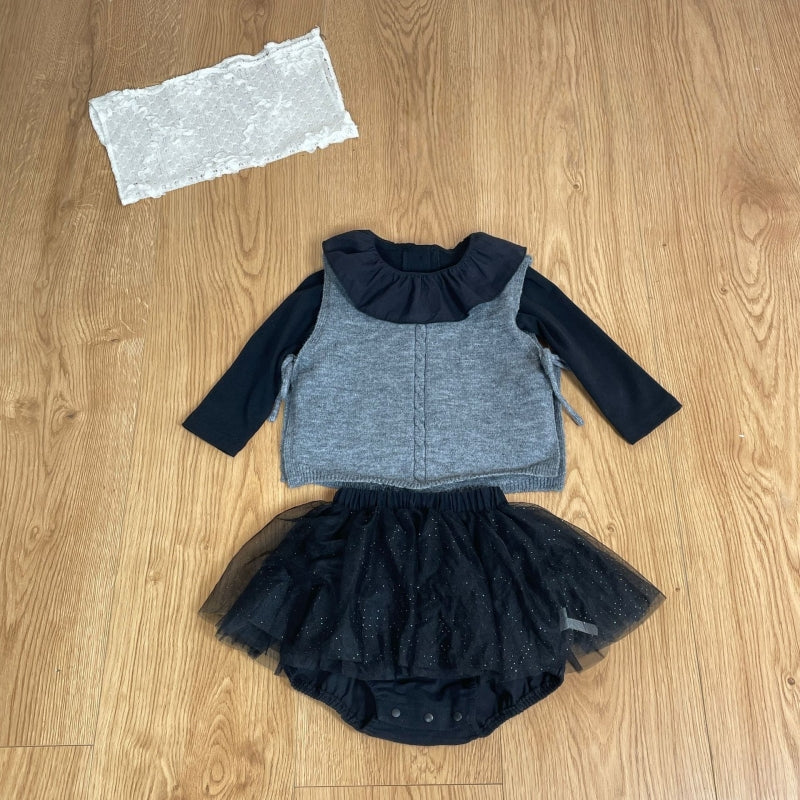 【BABY-予約限定】ニットベスト&フリル襟ロンT&ふんわりチュールパンツ3点セットSK102232