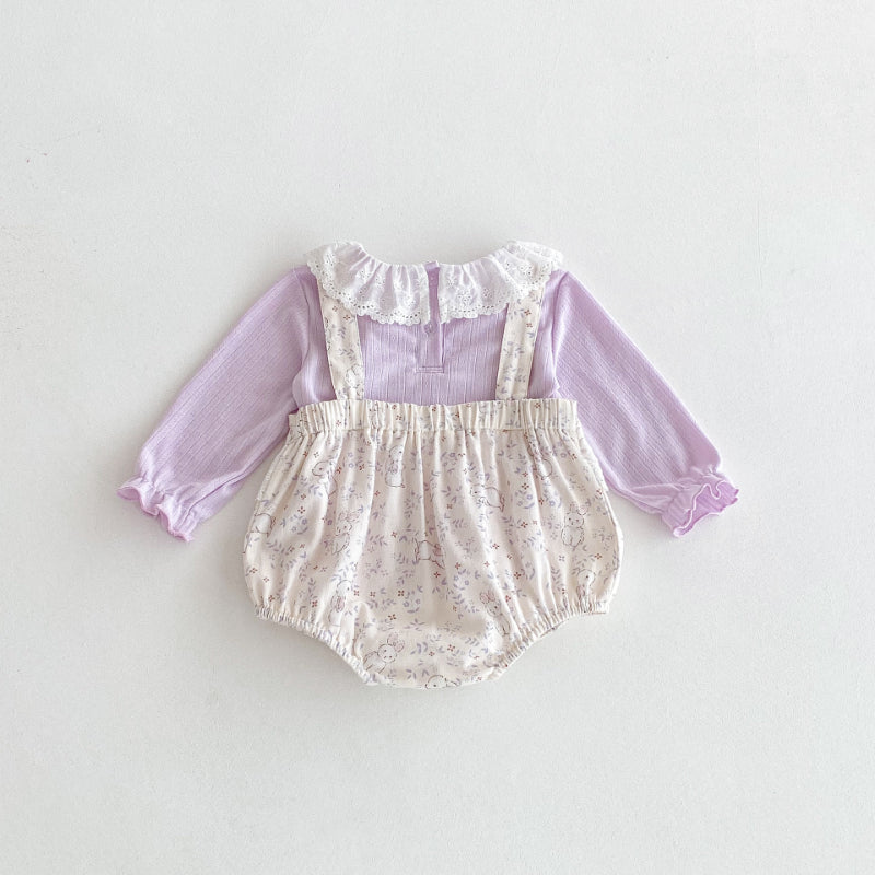 【BABY】レース襟Tシャツ&うさぎサロペットロンパースSK092303